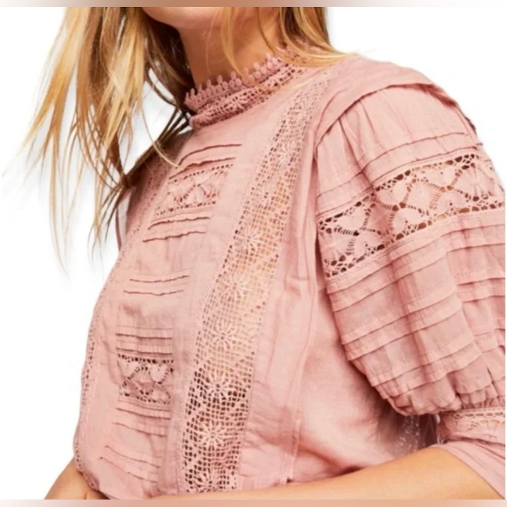 Free People Dusty Rose Lace Panel Puff Sleeve Blouse - Picture 3 of 10